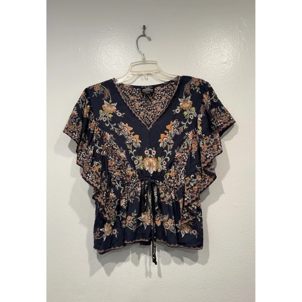 ANGIE Flutter Sleeve Top Blue Floral Large V Neck Boho Cottage Festival